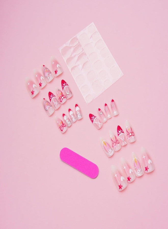 KKUUOO 24Pcs Pink Press on Nails, Almond Fake Nails with Love Bow Designs, Glossy False Nail, Full Cover Acrylic Stick on Nail for Women Nails Manicure Decoration - Image 5